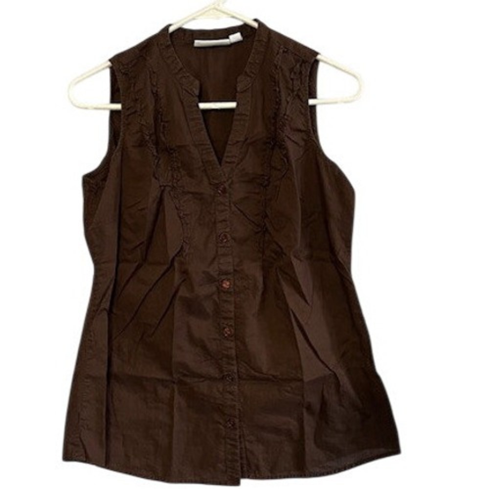 St. Johns Bay Brown Sleeveless Ruffle V-Neck Button Down Blouse Top Med